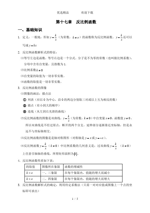 八年级数学下册第十七章反比例函数知识点及经典例题