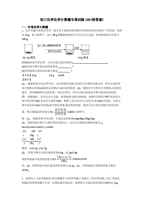 初三化学化学计算题专项训练100(附答案)