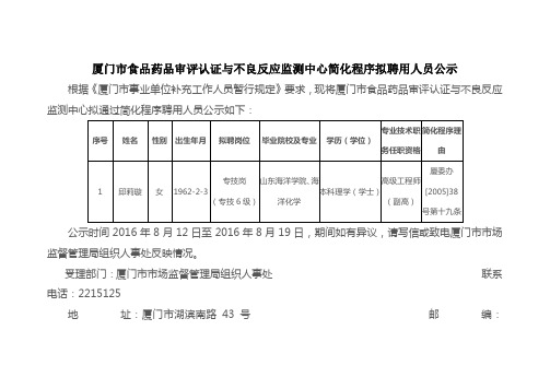 厦门市食品药品审评认证与不良反应监测中心简化程序拟聘用人员公示