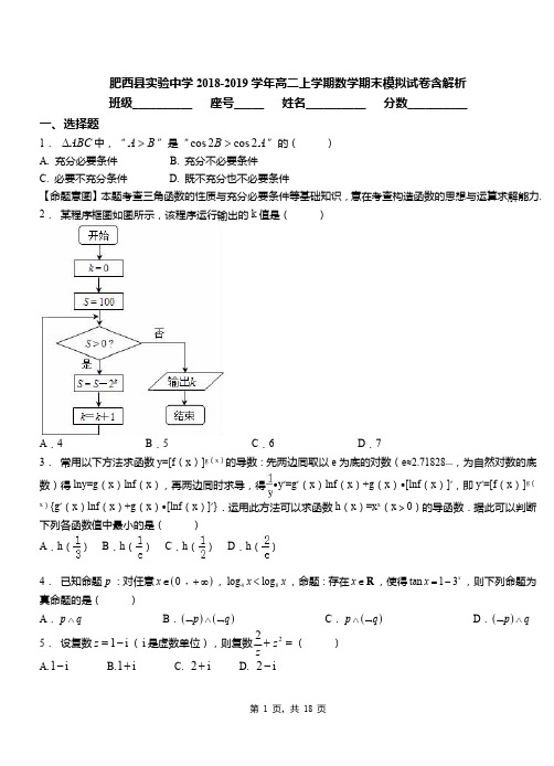 肥西县实验中学2018-2019学年高二上学期数学期末模拟试卷含解析