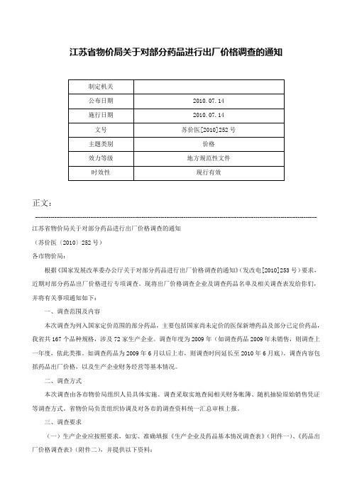 江苏省物价局关于对部分药品进行出厂价格调查的通知-苏价医[2010]252号