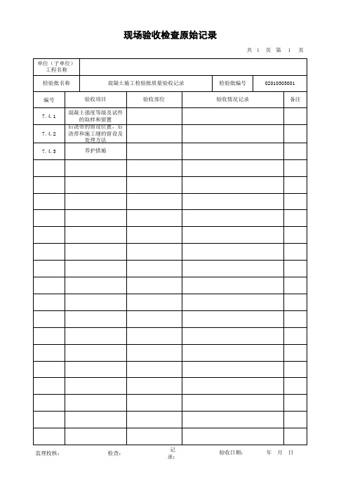 混凝土施工检验批质量验收记录-原始记录