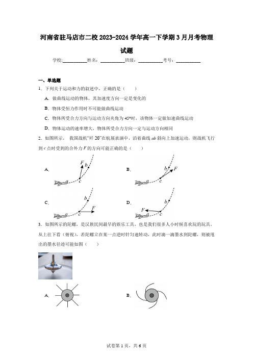 河南省驻马店市二校2023-2024学年高一下学期3月月考物理试题