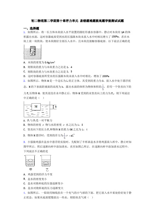 初二物理第二学期第十章浮力单元 易错题难题提高题学能测试试题