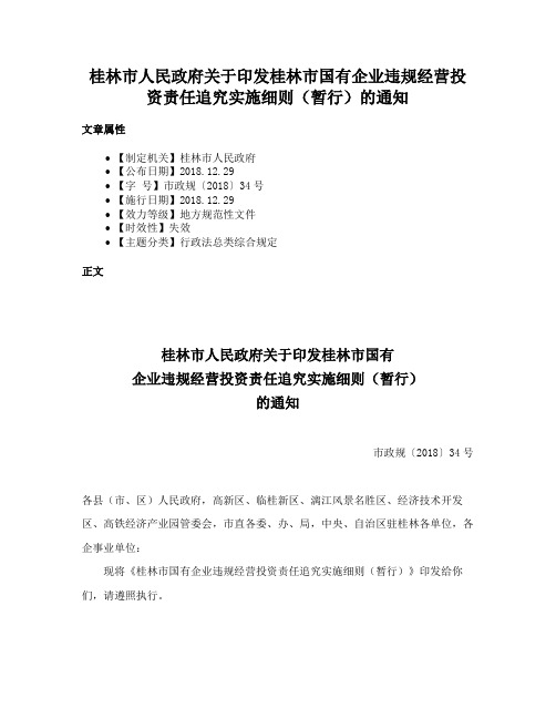 桂林市人民政府关于印发桂林市国有企业违规经营投资责任追究实施细则（暂行）的通知