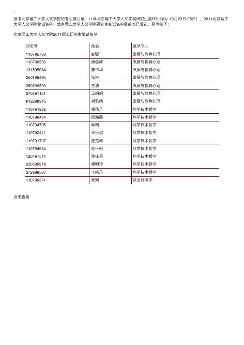 北京理工大学人文学院研究生复试：2011北京理工大学人文学院复试名单