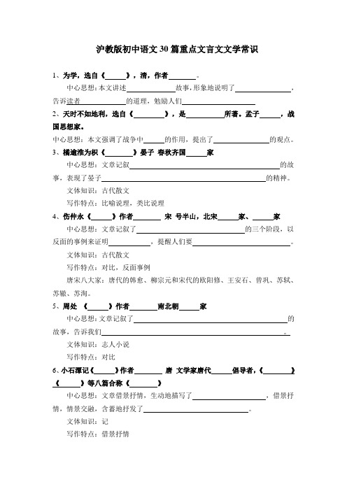 沪教版初中语文30篇重点文言文文学常识)