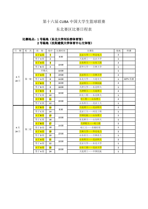 第十六届CUBA中国大学生篮球联赛东北赛 区比赛日程安排表