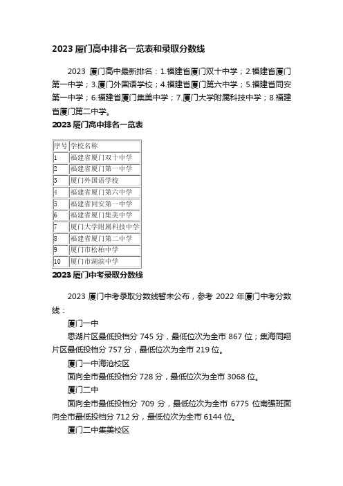 2023厦门高中排名一览表和录取分数线