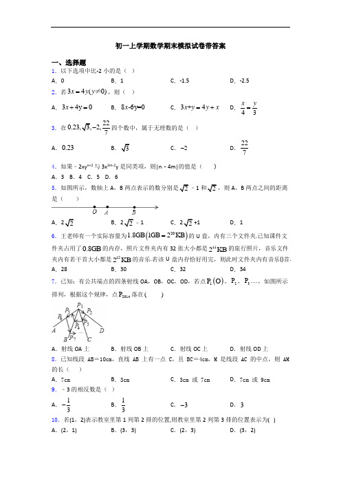 初一上学期数学期末模拟试卷带答案