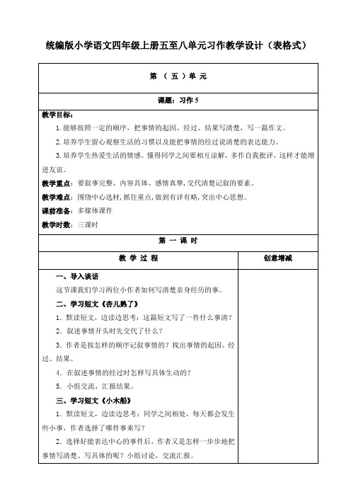 统编版小学语文四年级上册五至八单元习作教学设计(表格式)