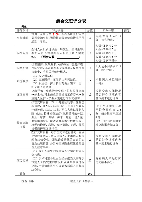 晨会交班评分表