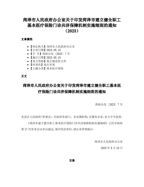 菏泽市人民政府办公室关于印发菏泽市建立健全职工基本医疗保险门诊共济保障机制实施细则的通知（2023）