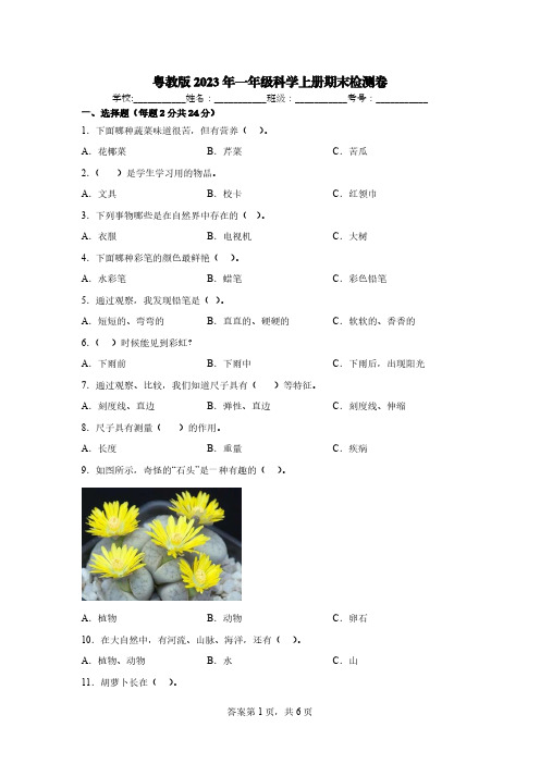 粤教版2023年一年级科学上册期末检测卷 【含答案】