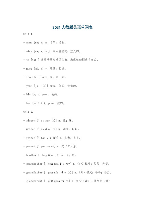 2024人教版英语单词表