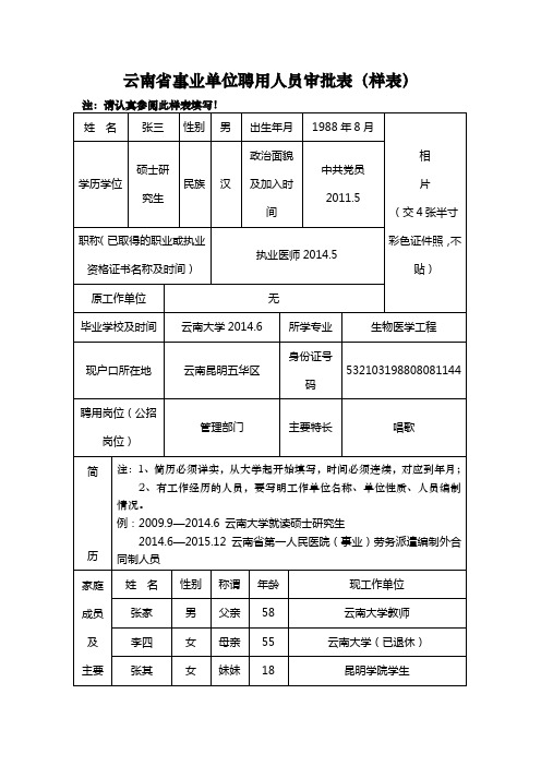 云南事业单位聘用人员审批表样表