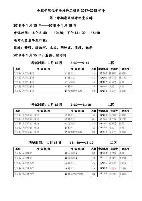 合肥学院化学与材料工程系2017-2018-1期末巡考安排