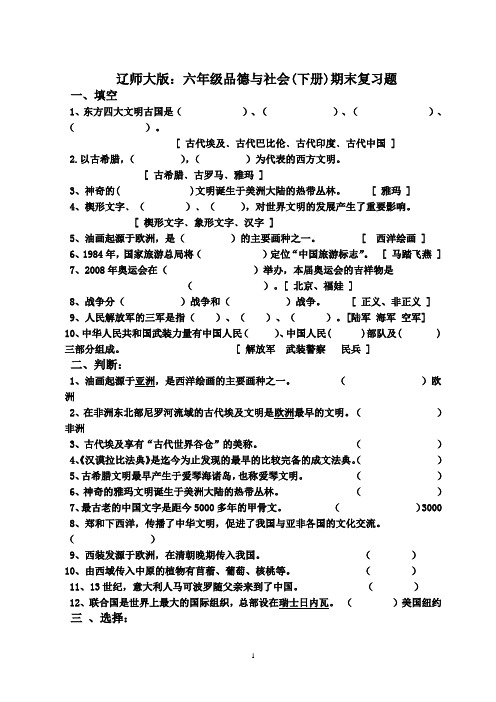 辽师大版：六年 品德与社会考试题 doc