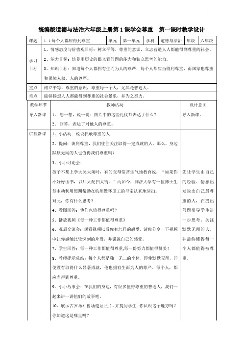 统编版六年级道德与法治下册第1课《学会尊重》精美教案