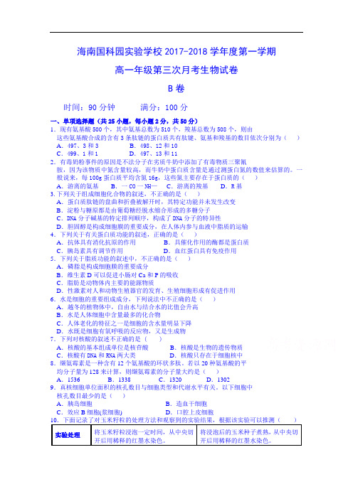 海南国科园实验学校中学部2017-2018学年高一上学期第三次月考物理试题(B卷) Word版含答案