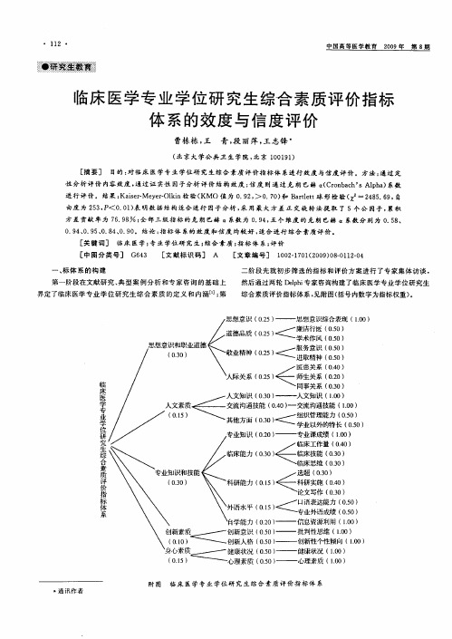 临床医学专业学位研究生综合素质评价指标体系的效度与信度评价