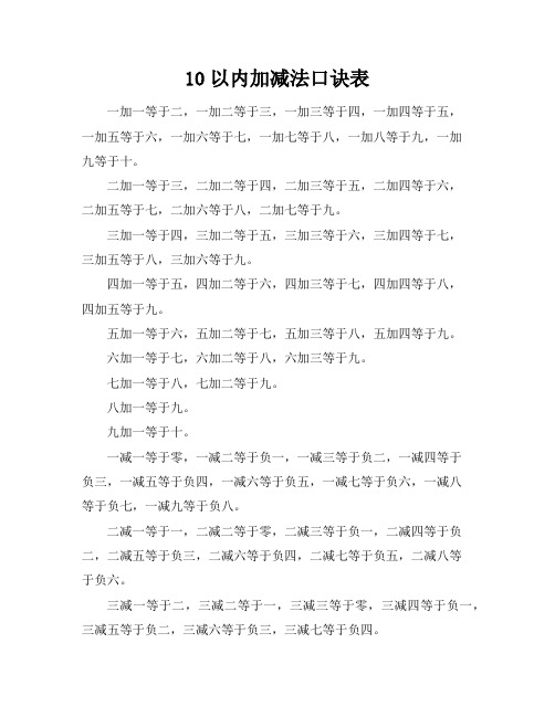 10以内加减法口诀表