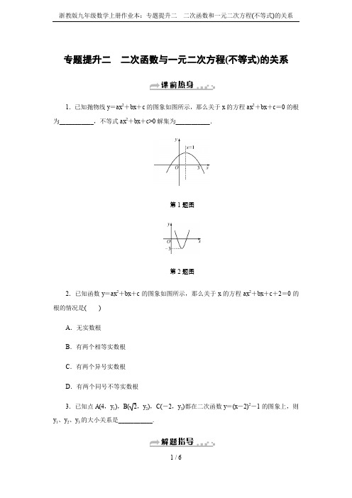 浙教版九年级数学上册作业本：专题提升二 二次函数和一元二次方程(不等式)的关系