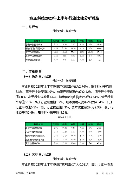 600601方正科技2023年上半年行业比较分析报告