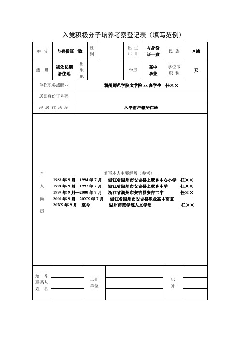 入党积极分子培养考察登记表(填写范例)