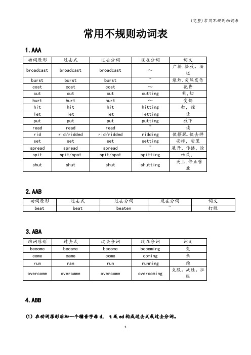 (完整)常用不规则动词表