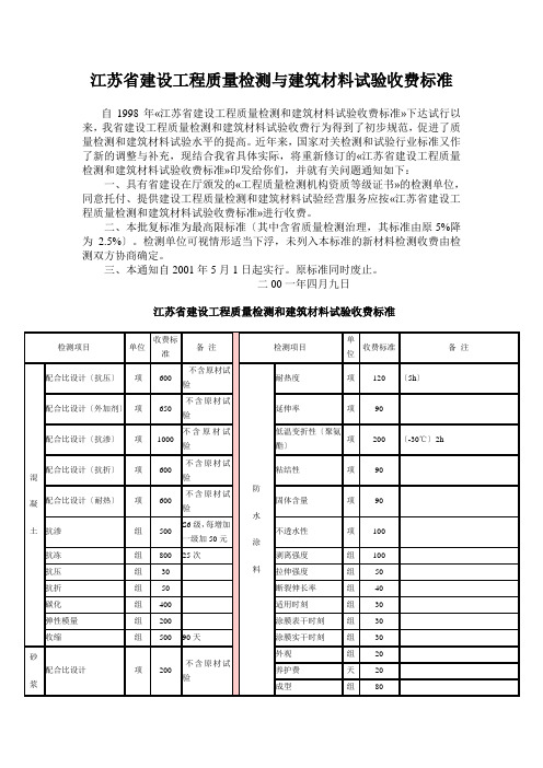 江苏省建设工程质量检测与建筑材料试验收费标准