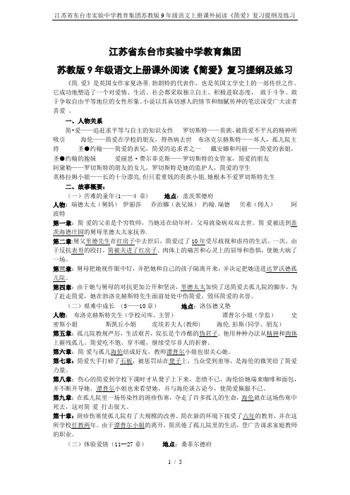 江苏省东台市实验中学教育集团苏教版9年级语文上册课外阅读《简爱》复习提纲及练习