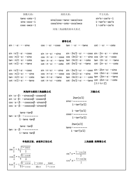 三角函数公式及其图像