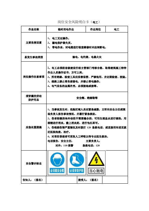 岗位安全风险明白卡(电工)