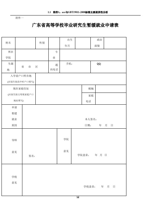 广东省高等学校毕业研究生暂缓就业申请表