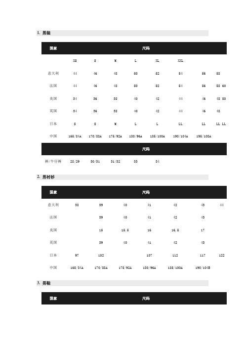 国际尺码对照表