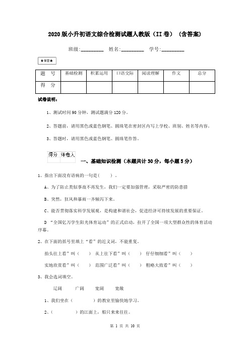 2020版小升初语文综合检测试题人教版(II卷) (含答案)