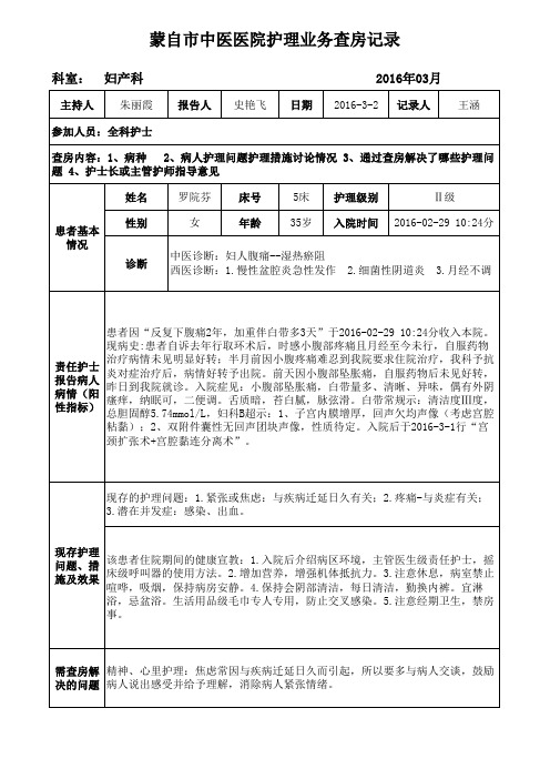 中医医院妇产科护理业务查房记录表