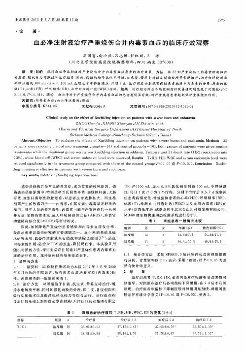 血必净注射液治疗严重烧伤合并内毒素血症的临床疗效观察