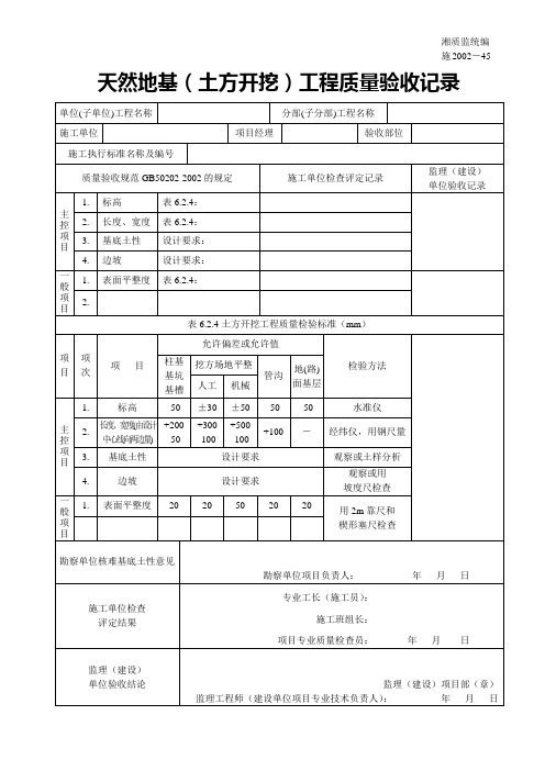 天然地基(土方开挖)工程质量验收记录