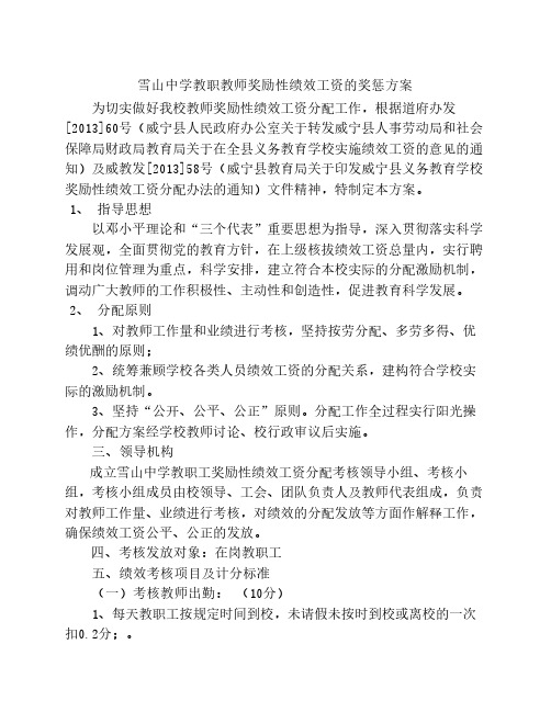 雪山中学教职教师奖励性绩效工资的奖惩方案