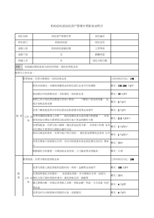 信托投资公司机构信托部信托资产管理专责职务说明书