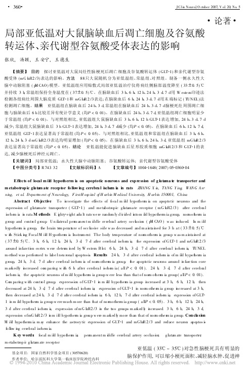 局部亚低温对大鼠脑缺血后凋亡细胞及谷氨酸转运体_亲代谢型谷氨酸受体表达的影响