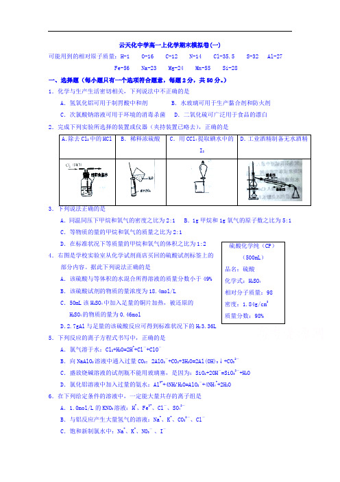 云南省云天化中学高一上学期期末模拟测试化学试题(一)