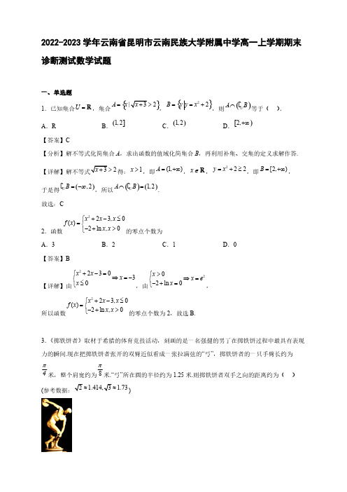 2022-2023学年云南省昆明市云南民族大学附属中学高一年级上册学期期末诊断测试数学试题【含答案】