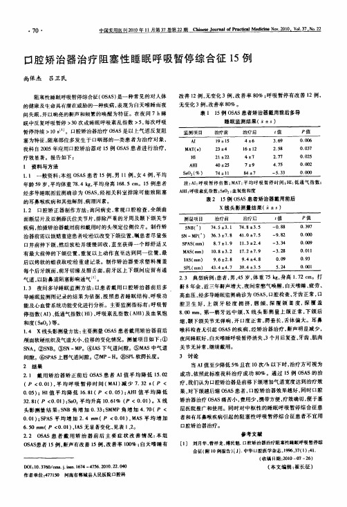 口腔矫治器治疗阻塞性睡眠呼吸暂停综合征15例