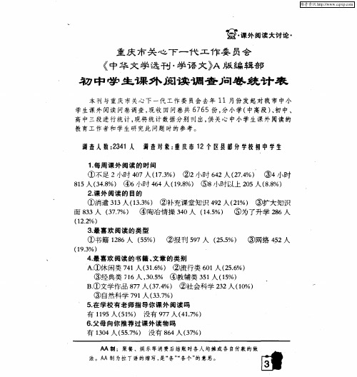 重庆市关心下一代工作委员会《中华文学选刊·学语文》A版编辑部 初中学生课外阅读调查问卷统计表