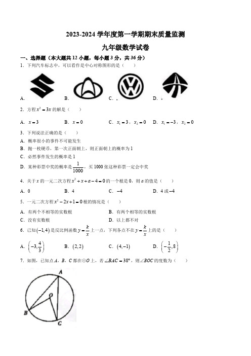 河北省保定市定州市2023-2024学年九年级上学期期末数学试题(含答案)