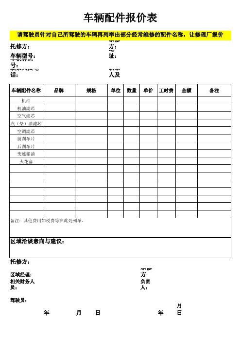 车辆配件报价表