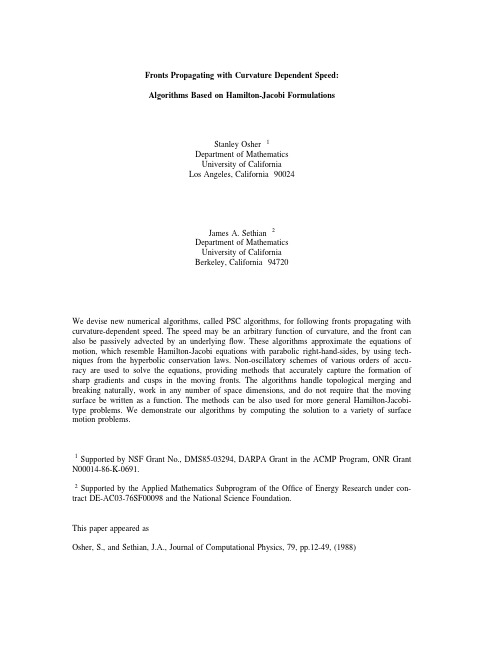 Fronts propagating with curvature dependent speed Algorithms Based on Hamilton-Jacobi Formulations